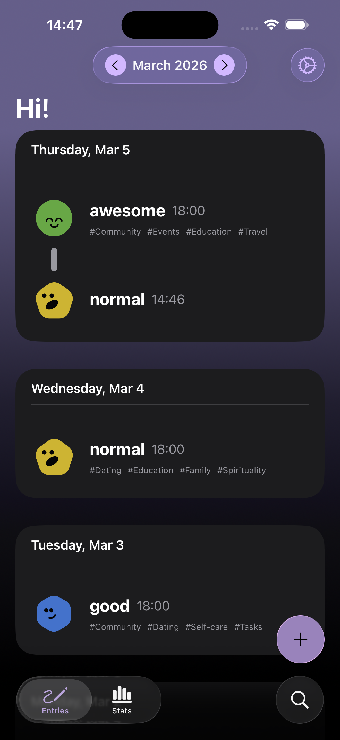 MoodShapes — daily entries with mood characters